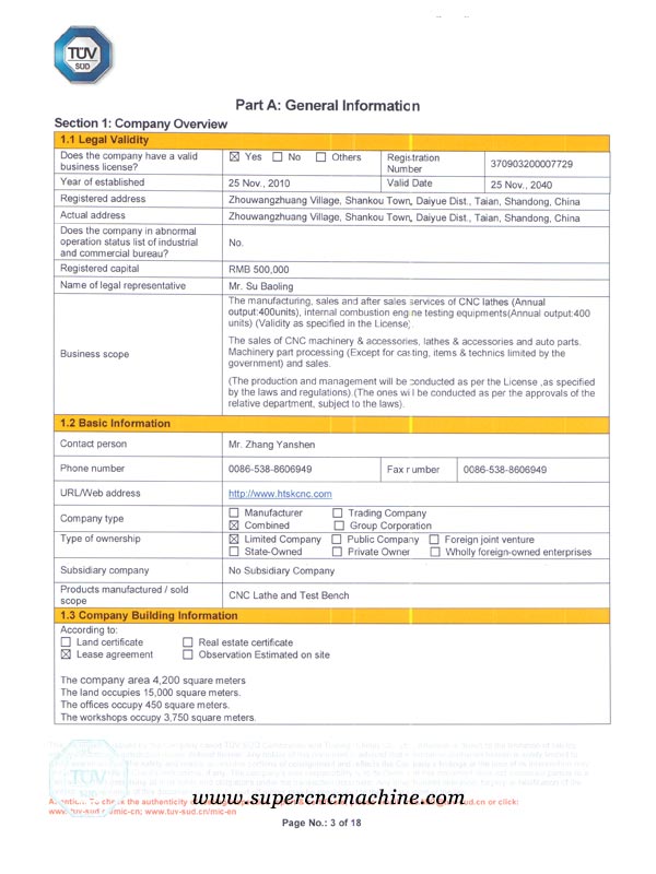 TUV certification for CNC Machine