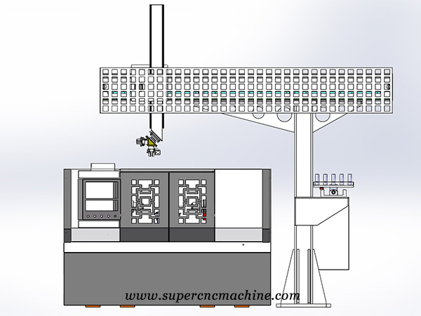 Outline drawing of double-spindle flat rail CNC lathe with feeding mechanism